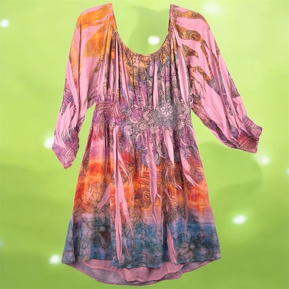 Unity World Wear Dresses & Skirts - Unity World Wear Purple and Orange Boho Dress Sheer Balloon Sleeves Colorful XL